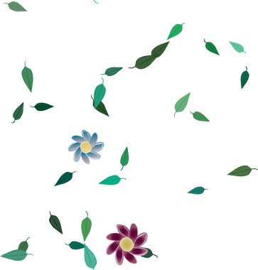 Basit renkli çiçekleri ve arka planda yeşil yaprakları olan güzel kompozisyon, vektör illüstrasyonu