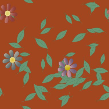 Basit renkli çiçekleri ve arka planda yeşil yaprakları olan güzel kompozisyon, vektör illüstrasyonu