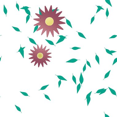 Basit renkli çiçekleri ve arka planda yeşil yaprakları olan güzel kompozisyon, vektör illüstrasyonu