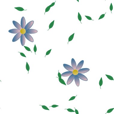 basit renkli çiçekleri olan serbest kompozisyon ve duvar kağıdı için yeşil yapraklar, vektör illüstrasyonu