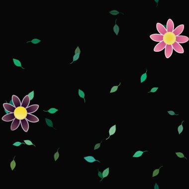 Basit renkli çiçekleri ve arka planda yeşil yaprakları olan güzel kompozisyon, vektör illüstrasyonu