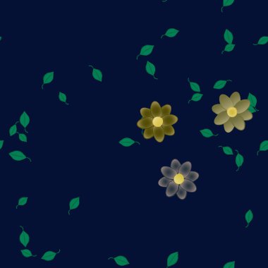 basit renkli çiçekleri olan serbest kompozisyon ve duvar kağıdı için yeşil yapraklar, vektör illüstrasyonu