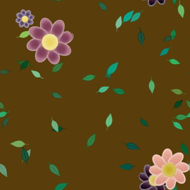 basit renkli çiçekleri olan serbest kompozisyon ve duvar kağıdı için yeşil yapraklar, vektör illüstrasyonu