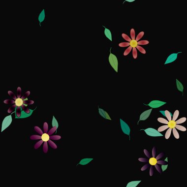 basit renkli çiçekleri olan serbest kompozisyon ve duvar kağıdı için yeşil yapraklar, vektör illüstrasyonu