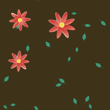 basit renkli çiçekleri olan serbest kompozisyon ve duvar kağıdı için yeşil yapraklar, vektör illüstrasyonu