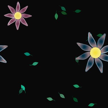 arkaplanda renkli çiçekler ve yeşil yapraklar, vektör illüstrasyonu