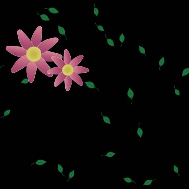 basit renkli çiçekleri olan serbest kompozisyon ve duvar kağıdı için yeşil yapraklar, vektör illüstrasyonu