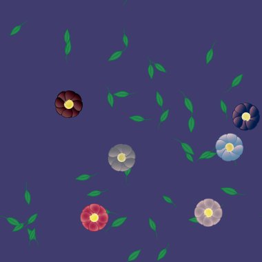 basit renkli çiçekleri olan serbest kompozisyon ve duvar kağıdı için yeşil yapraklar, vektör illüstrasyonu