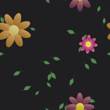 Basit renkli çiçekleri ve arka planda yeşil yaprakları olan güzel kompozisyon, vektör illüstrasyonu