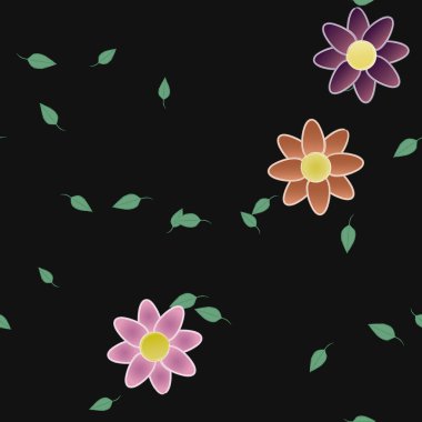 basit renkli çiçekleri olan serbest kompozisyon ve duvar kağıdı için yeşil yapraklar, vektör illüstrasyonu