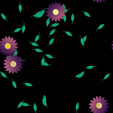 basit renkli çiçekleri olan serbest kompozisyon ve duvar kağıdı için yeşil yapraklar, vektör illüstrasyonu