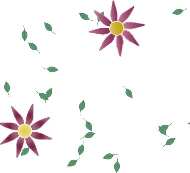 Serbest kompozisyonda yeşil yapraklı basit çiçekler, vektör illüstrasyonu