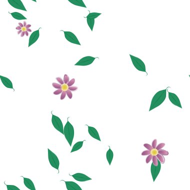 Basit renkli çiçekleri ve arka planda yeşil yaprakları olan güzel kompozisyon, vektör illüstrasyonu