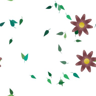 Basit renkli çiçekleri ve arka planda yeşil yaprakları olan güzel kompozisyon, vektör illüstrasyonu