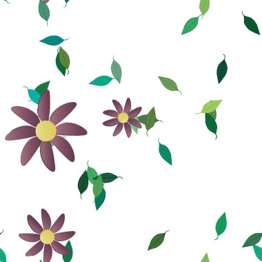 arkaplanda renkli çiçekler ve yeşil yapraklar, vektör illüstrasyonu