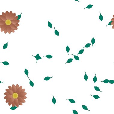 Basit renkli çiçekleri ve arka planda yeşil yaprakları olan güzel kompozisyon, vektör illüstrasyonu  