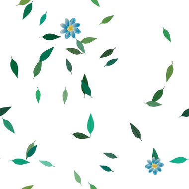 Basit renkli çiçekleri ve arka planda yeşil yaprakları olan güzel kompozisyon, vektör illüstrasyonu