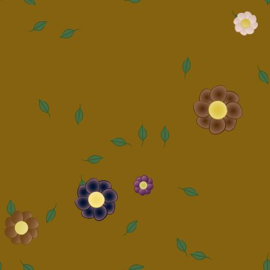 Basit renkli çiçekleri ve arka planda yeşil yaprakları olan güzel kompozisyon, vektör illüstrasyonu  