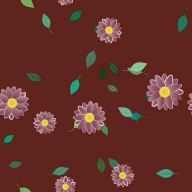 Basit renkli çiçekleri ve arka planda yeşil yaprakları olan güzel kompozisyon, vektör illüstrasyonu