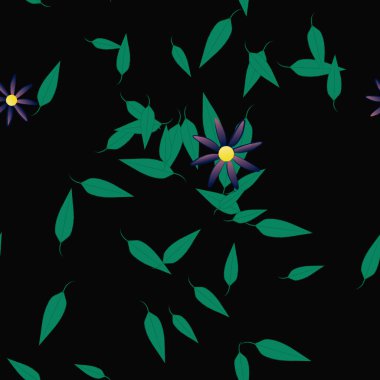 Serbest kompozisyonda yeşil yapraklı basit çiçekler, vektör illüstrasyonu