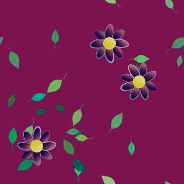 basit renkli çiçekleri olan serbest kompozisyon ve duvar kağıdı için yeşil yapraklar, vektör illüstrasyonu