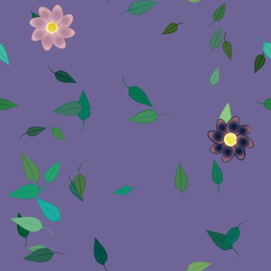 Basit renkli çiçekleri ve arka planda yeşil yaprakları olan güzel kompozisyon, vektör illüstrasyonu