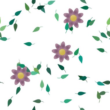 Basit renkli çiçekleri ve arka planda yeşil yaprakları olan güzel kompozisyon, vektör illüstrasyonu  