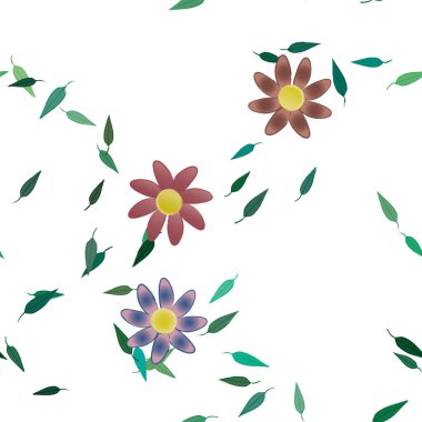 basit renkli çiçekleri olan serbest kompozisyon ve duvar kağıdı için yeşil yapraklar, vektör illüstrasyonu