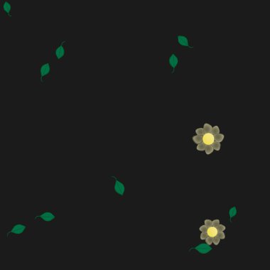 Basit renkli çiçekleri ve siyah arkaplanda yeşil yaprakları olan güzel kompozisyon, vektör illüstrasyonu 