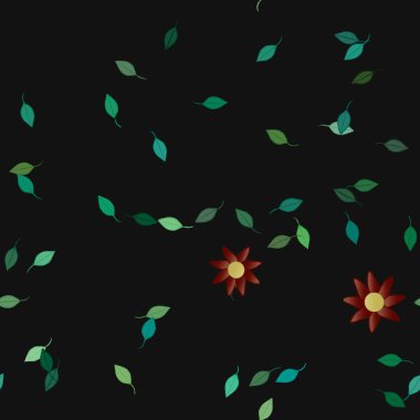 Serbest kompozisyonda yeşil yapraklı basit çiçekler, vektör illüstrasyonu