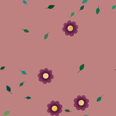 basit renkli çiçekleri olan serbest kompozisyon ve duvar kağıdı için yeşil yapraklar, vektör illüstrasyonu