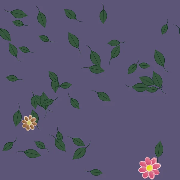 Bella Composizione Con Fiori Colorati Semplici Foglie Verdi Sfondo Viola — Vettoriale Stock