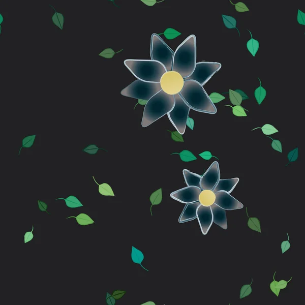 Красивая Композиция Простыми Цветными Цветами Зелеными Листьями Черном Фоне Векторная — стоковый вектор