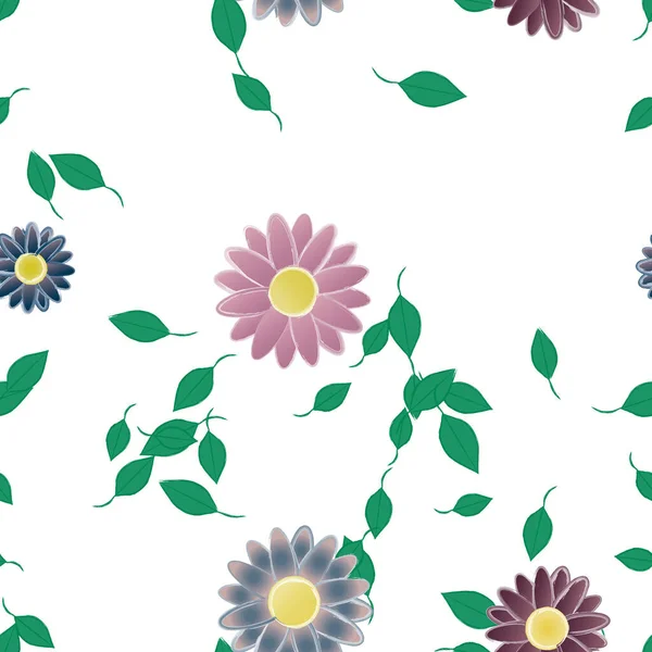 Modèle Vectoriel Avec Des Fleurs Colorées Simples Des Feuilles Vertes — Image vectorielle