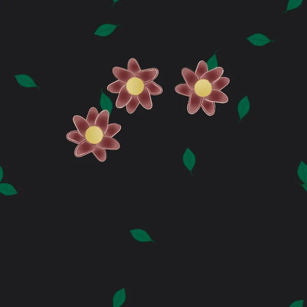 Vectorsjabloon Met Eenvoudige Kleurrijke Bloemen Groene Bladeren — Stockvector