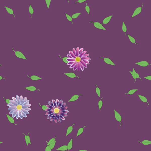 Vectorsjabloon Met Eenvoudige Kleurrijke Bloemen Groene Bladeren — Stockvector