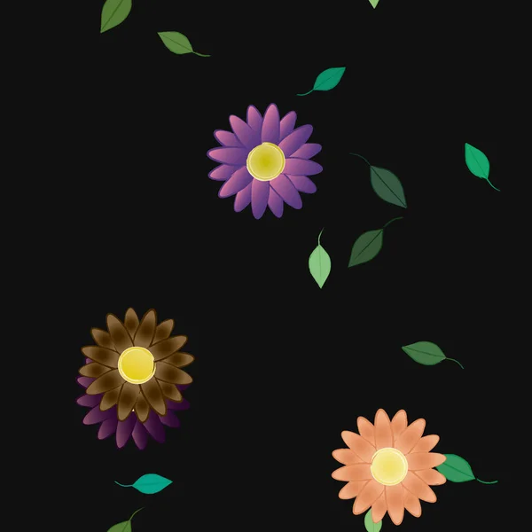 Hermosa Composición Con Flores Colores Simples Hojas Verdes Fondo Negro — Archivo Imágenes Vectoriales