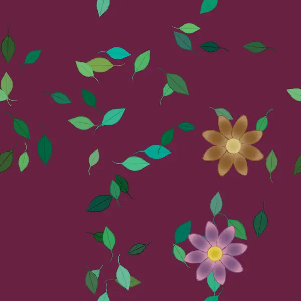 ピンクの背景にシンプルな色の花と緑の葉で構成された美しい構図ベクトルイラスト — ストックベクタ