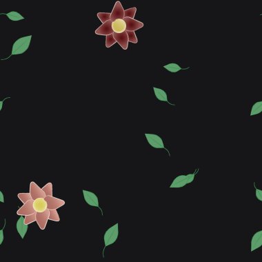 Basit çiçek ve yeşil yapraklı tasarım kompozisyonu, vektör illüstrasyonu