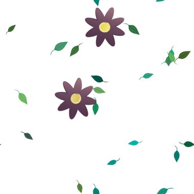 Basit renkli çiçekleri ve arka planda yeşil yaprakları olan güzel kompozisyon, vektör illüstrasyonu  