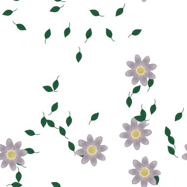 Serbest kompozisyonda yeşil yapraklı basit çiçekler, vektör illüstrasyonu