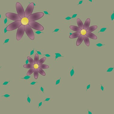 Basit renkli çiçekleri ve arka planda yeşil yaprakları olan güzel kompozisyon, vektör illüstrasyonu