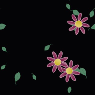 Serbest kompozisyonda yeşil yapraklı basit çiçekler, vektör illüstrasyonu