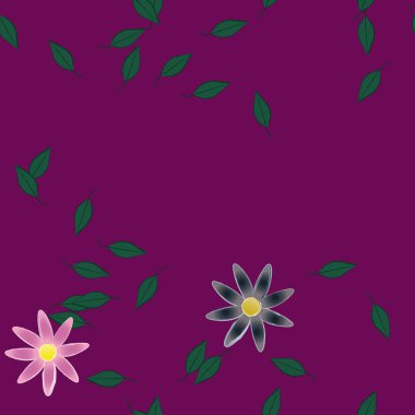 Serbest kompozisyonda yeşil yapraklı basit çiçekler, vektör illüstrasyonu