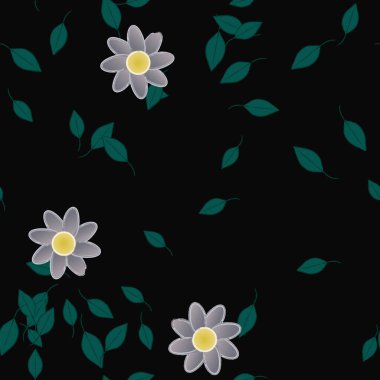 Basit renkli çiçekleri ve arka planda yeşil yaprakları olan güzel kompozisyon, vektör illüstrasyonu