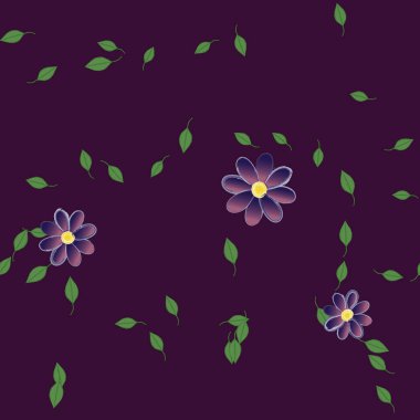 Basit renkli çiçekleri ve arka planda yeşil yaprakları olan güzel kompozisyon, vektör illüstrasyonu