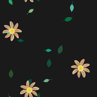 Basit renkli çiçekleri ve arka planda yeşil yaprakları olan güzel kompozisyon, vektör illüstrasyonu