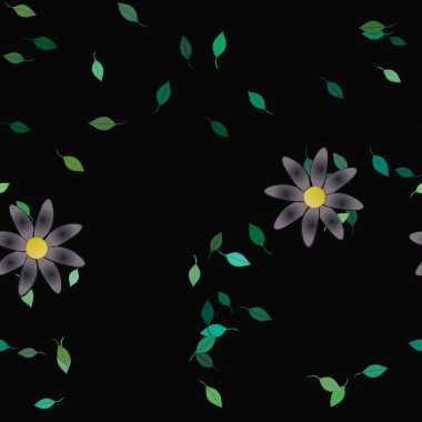 Serbest kompozisyonda yeşil yapraklı basit çiçekler, vektör illüstrasyonu