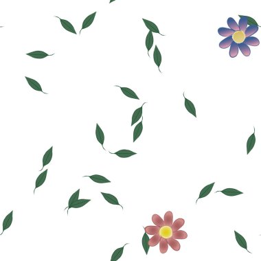 Basit renkli çiçekleri ve arka planda yeşil yaprakları olan güzel kompozisyon, vektör illüstrasyonu