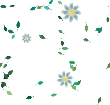 Basit renkli çiçekleri ve arka planda yeşil yaprakları olan güzel kompozisyon, vektör illüstrasyonu